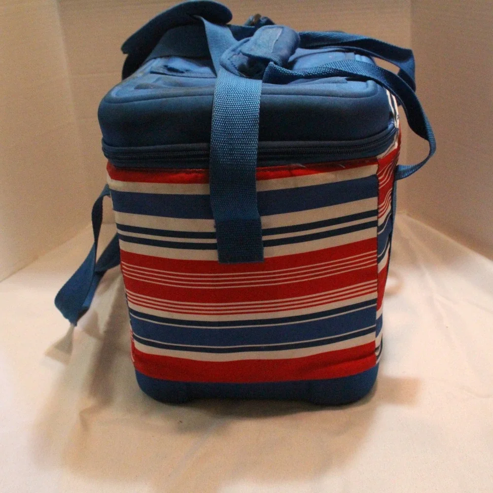 Target Blue Red Striped Insulated Lunch Cooler Bag Drink Holders Picnic Travel‎